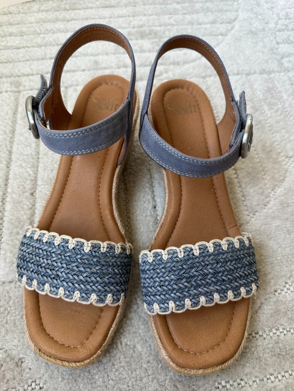 Söfft Inez Zante Blue Leather Espadrille Wedge Sandals Woven Boho